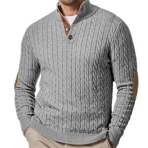 Maglione da uomo grigio a trecce con collo a bottoni e toppe sui gomiti a contrasto