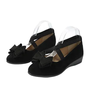 Elegant black suede wedge pumps for women with bow decoration and elastic cross straps