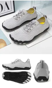 Detailed view of grey quick-dry water shoes with multi-angle perspectives