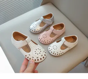 Detail showing four colors of elegant hollow-out leather princess shoes for girls