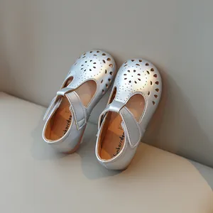 Silver hollow-out leather Mary Jane shoes for girls with soft soles and velcro strap