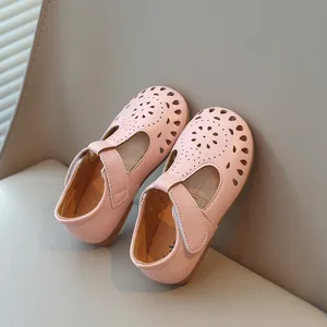 Pink cutout leather Mary Jane shoes for girls with soft sole and velcro strap