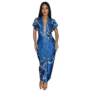 Vestido largo ajustado de manga corta con cuello en V y estampado de mezclilla azul