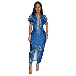Elegante vestido ajustado con cuello en V y manga corta con estampado de mezclilla y perlas