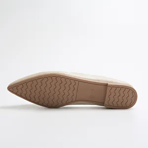 Detailed view of brown rubber sole with wavy anti-slip pattern on women's pointed flat
