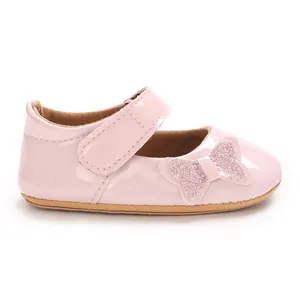 Pink patent leather baby girl Mary Jane princess shoes with glitter butterfly detail