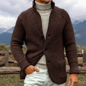 Men's stylish brown chunky knit cardigan sweater with lapel collar for autumn winter fashion
