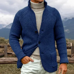 Classic men's blue knit cardigan jacket with blazer collar for casual autumn winter