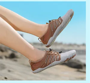 Brown outdoor barefoot water shoes with five-toe design for hiking and surfing activities