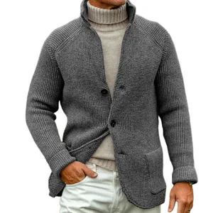 Men's chunky knit cardigan sweater with lapel collar and casual button-up design