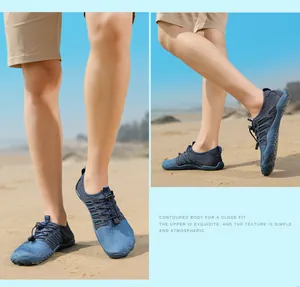 Detail showing the breathable upper and contoured fit of blue outdoor water shoes.