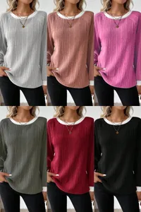 Detailed view of long sleeve ribbed knit sweater in six various solid colors