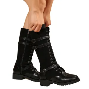 Bottes de chevalier à lacets noires élégantes avec patchwork en cuir PU et boucles