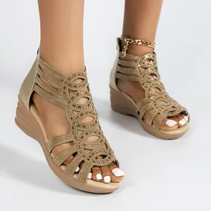 Detail of women's khaki gladiator wedge sandals with rhinestones and hollow-out design