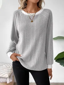 Elegant women's gray ribbed knit long sleeve sweater with white contrast collar and cuffs