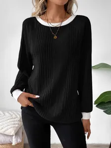 Elegant women's black ribbed long sleeve sweater with white contrast collar and cuffs