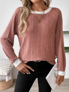 Elegant autumn winter pink ribbed long sleeve sweater featuring white contrast cuffs and collar