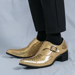 Scarpe Monk da Uomo in Pelle Verniciata a Punta Moda con Rialzo Business Casual con Tacco Largo