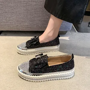 Mocassins à Plateforme pour Femmes à Paillettes et Strass Nœud Décoratif Chaussures Décontractées Tissu à Paillettes Semelle Gomme