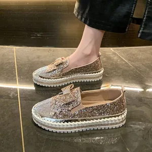 Mocassins à plateforme scintillants avec nœud strass chaussures décontractées pour femme