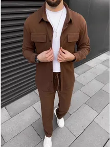 Men's brown corduroy long-sleeve shirt and matching trousers two-piece casual set