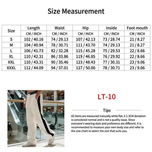 Tabla de tallas detallada de pantalones casuales de hombre con rayas laterales.