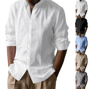 Herren Casual Leinen Baumwolle Hemd Hawaii Stil Stehkragen Langarm Henley Hemd Einfarbig Atmungsaktiv Knopfleiste Sommer Top
