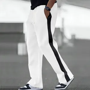 Detail of men's heavy white sweatpants with a bold black side stripe and drawstring waist.