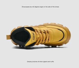 Dettaglio dello stivale platform giallo alto con tomaia in pelle scamosciata e polsino imbottito