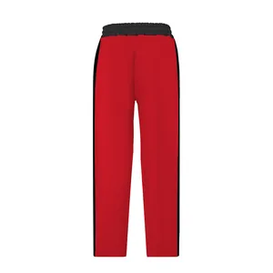 Vue complète du pantalon rouge à jambes droites avec bandes latérales noires et taille