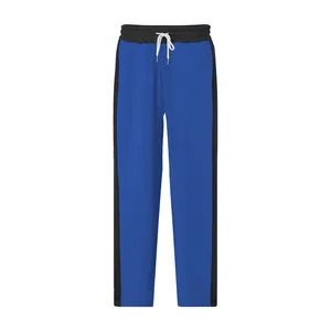 Detail view of blue heavy sweatpants with black side stripes and white drawstring