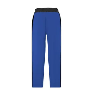 Front view of men's blue sweatpants with black side stripes and elastic waist