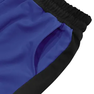 Detail view of athletic sweatpants featuring contrast side panels and functional pocket