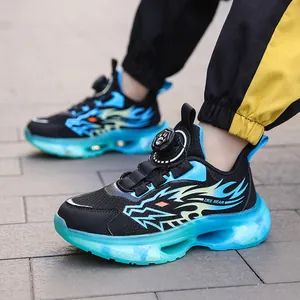 Boys' breathable athletic sneakers with auto knob buckle and turquoise thick sole