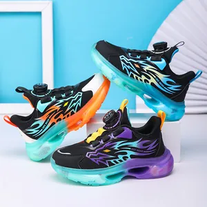 Kids sports sneakers with rotating buckle, flame pattern, and thick breathable sole