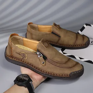 Men's Casual Microfiber Leather Loafers Stylish Zipper Detail Hand-Stitched Slip-On Driving Shoes Breathable Flat Footwear