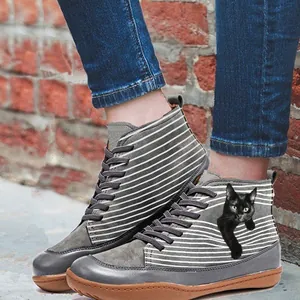 Women Retro Color Block Martin Boots Cat Printed PU Leather Lace Up High Top Casual Flat Ankle Boots Autumn Winter Shoes