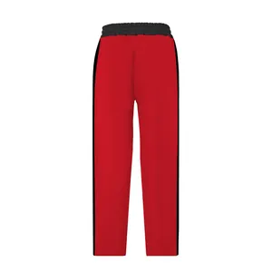 Detail view of red heavy-weight men's sweatpants with black side stripes and waist.