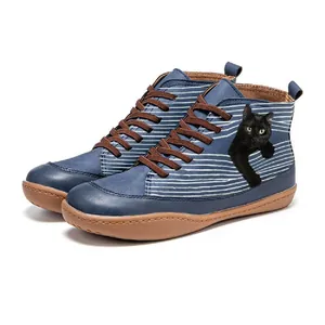 Retro blue high-top casual boots featuring a cute black cat print and white stripes