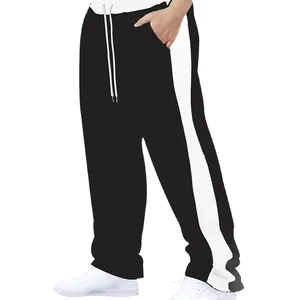 Pantalones casuales negros para hombre, pernera recta con rayas blancas y cordón.