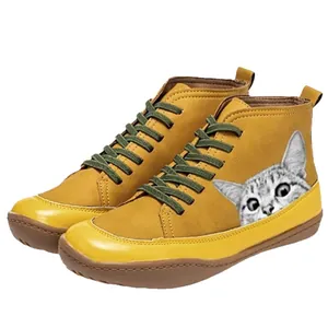 Vintage yellow high-top lace-up boots for women featuring a cute cat print design.