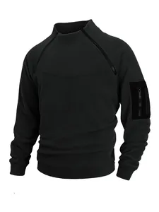 Detailed view of tactical black fleece sweatshirt with dual zippers and utility sleeve pocket.