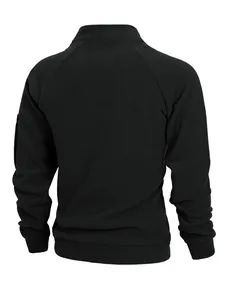 Back view of men's black coral fleece sweatshirt with stand collar and raglan sleeves.