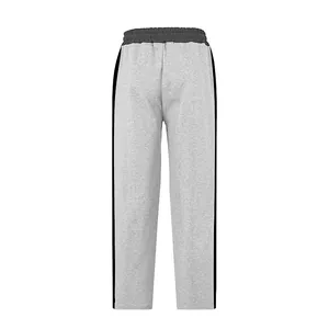 Men's heavy grey sweatpants with black side stripes, straight leg casual sports trousers.