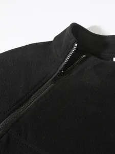 Close-up detail of a black coral fleece sweatshirt showing stand-up collar and zipper.