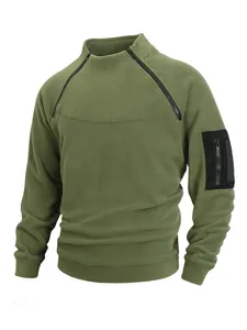 Men's olive green coral fleece sweatshirt with mock neck and decorative chest zippers.