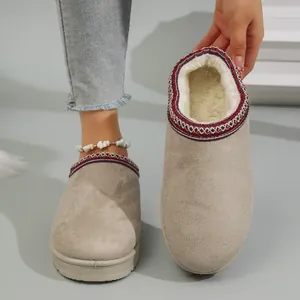 Close-up of warm women's snow boots with plush faux fur lining and ethnic embroidery.