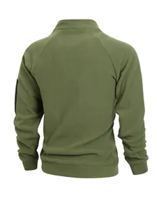Back view of a men's olive green stand collar fleece sweatshirt with sleeve pocket