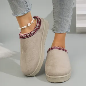 Close-up of women's warm fleece-lined snow boots with decorative embroidered trim.