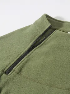 Detail of a men's green fleece sweatshirt showing the quarter-zip stand collar
